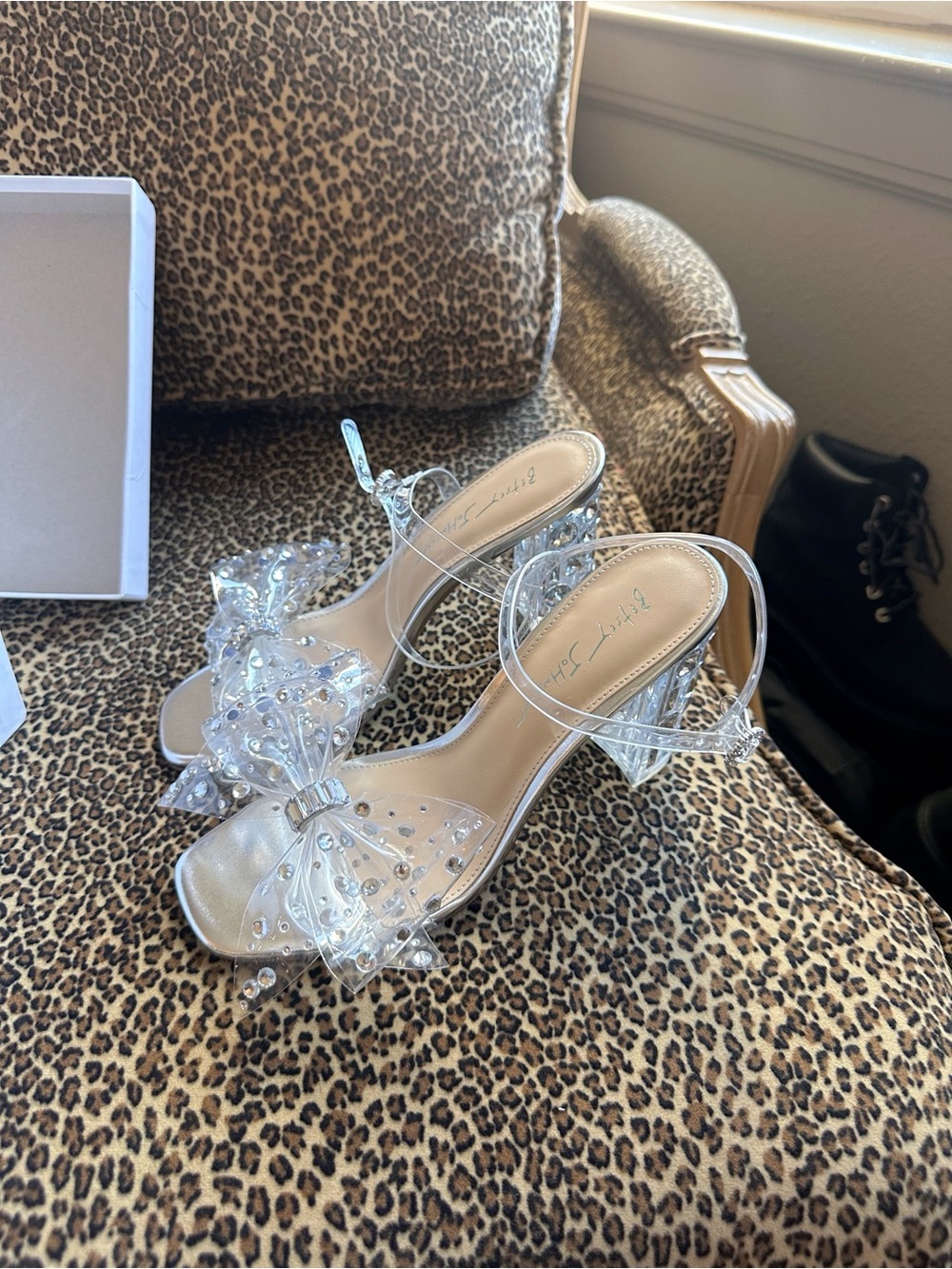 Betsey Johnson Clear Crystal Embellished Block Heel Sandal - Picture 2 of 7